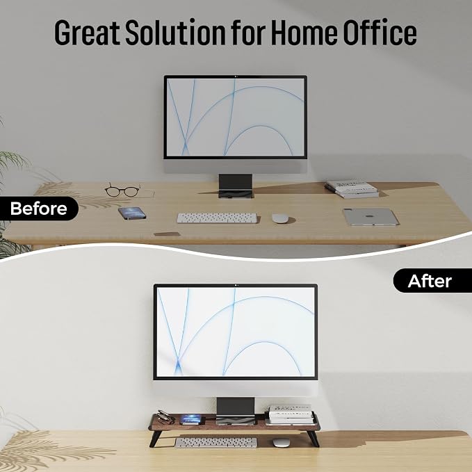 loukin Monitor Stand Riser for Desk, 22.4" x 8.3" Larger Computer Stand for Laptop, PC, Printer, Sturdy Desktop Computer Shelf with Non-Skid Rubber, Home Office (Brown) - Image 7