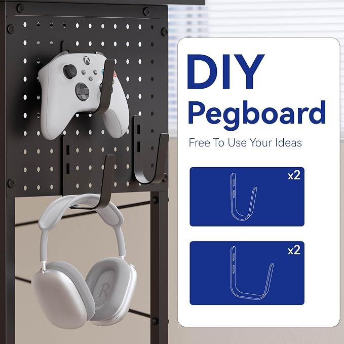 Pamray 64 Inch L Shaped Gaming Desk with Monitor Stand and Power Outlets | Large Corner Computer Desk With Pegboard & Led Lights USB Charging Ports for Home Office Study and Writing Bedroom and Dorms - Image 5