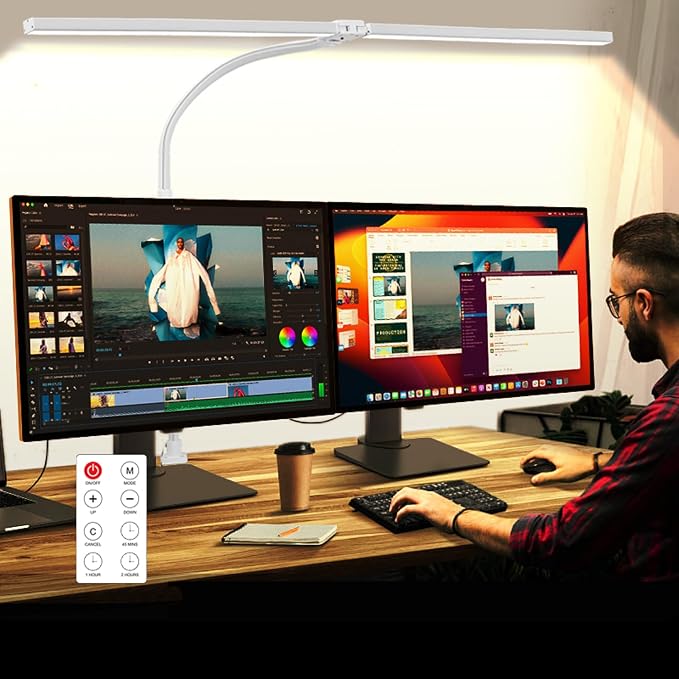 LED Desk Lamp with Clamp, Dual Head Monitor Light, Remote | 24W Dimmable Eye-Caring Task Lamp with Timer, Anti-Glare Cover and Gooseneck for Home Office Dorm, Workbench and Study by MACASA