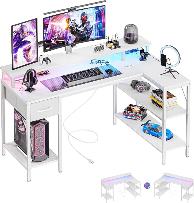 DUMOS 53 Inch Gaming Desk, L Shaped Desk, LED Lights | Monitor Stand, Storage Shelves, Computer Table, USB Charging Ports, Power Outlets, Small Spaces, White by DumosLifestyle