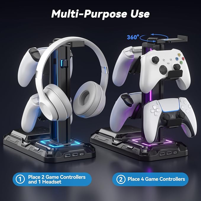 KDD Headphone & Controller Stand with Wireless Charging - Rotatable Headset Stand with 9 Light Modes - Controller Holder with 2 USB and Type C Ports - for Gamers Desktop Accessories - Image 6