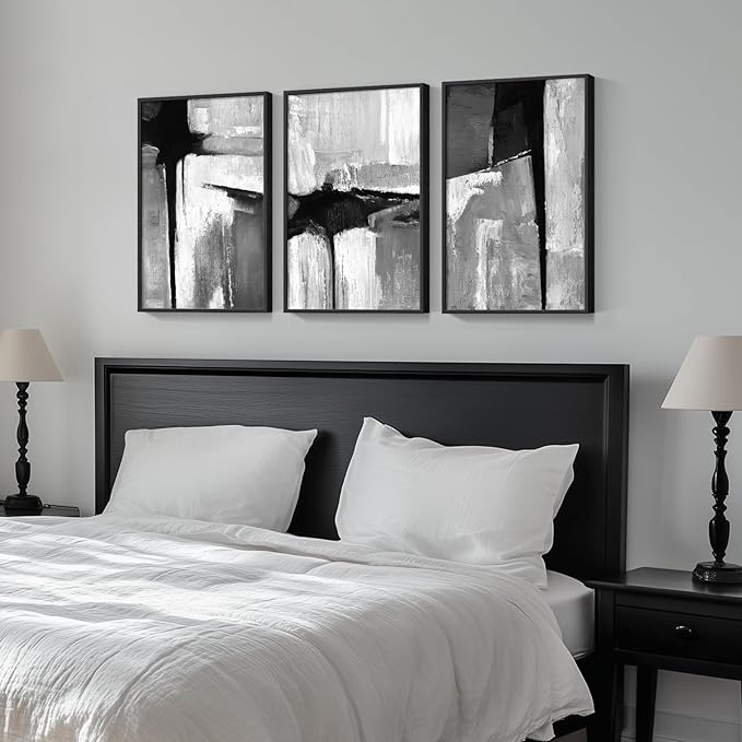 Framed Black and White Gray Modern Abstract Wall Art, Set of 3 Piece Big Canvas Paintings Artwork for Walls, Minimalist Art Prints Pictures for Living Room Hallway Bedroom Office Wall Decor 16x24 Inch - Image 4