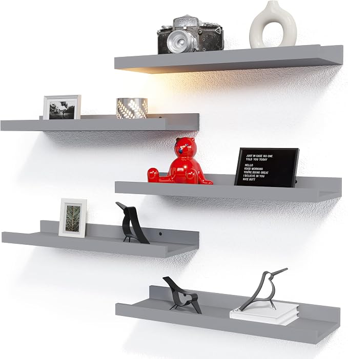 RICHER HOUSE Mounted Shelves for Wall Decor, Modern Picture Ledge Shelf with Lip for Wall Storage Nursery, Bedroom, Living Room, Bathroom - Grey | Display Picture Ledge Shelf, Anti-drop lip Shelf for Room Wall Decor, Bedroom Bathroom Storage Nursery Bo... by RicherHouse