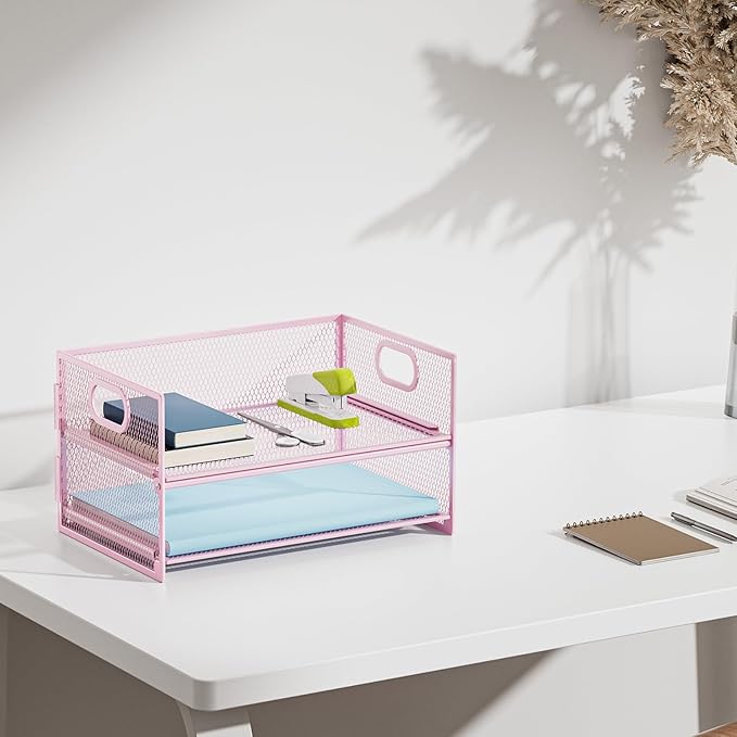 Marbrasse 2 Tier Paper Organizer Letter Tray, Mesh File Organizer with Handle, Paper Sorter Desk Organizer for Home Office Supplies - Pink - Image 6