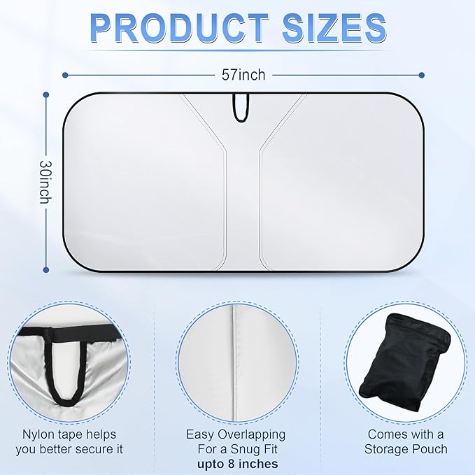 SINGARO 300T Universal Car Windshield Sun Shade, Foldable Reflective for Windshield & Window Shades with Overlapping Design, Car Interior Accessories (57" L x 30" W) - Image 2