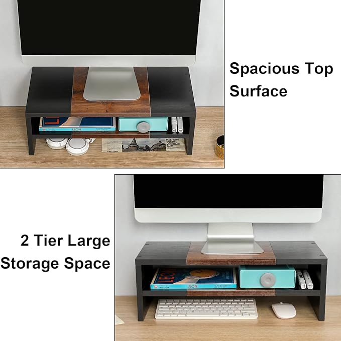 TEAMIX 20 inch Monitor Riser Stand - 2 Tiers, Wood Morden Desktop Bookshelf | Laptop/PC/Printer/Keyboard Storage, Ergonomic Design, 15mm thick Sturdy Wood Boards, TV Stand, Home Office Desk Accessories - Image 3