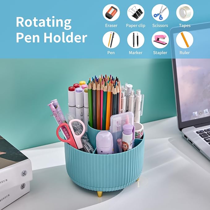 Marbrasse Desk Organizer, 360-Degree Rotating Pen Holder, Desk Organizers and Accessories with 5 Compartments Pencil Holder, Art Supply Storage Box Caddy for Office, Home（Light Blue） - Image 3