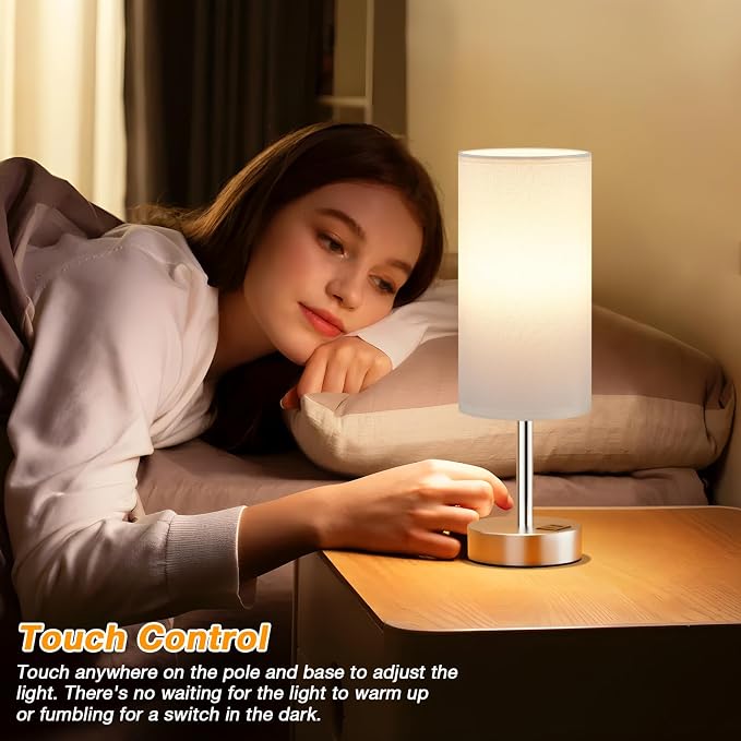 Dicoool Bedside Table Lamp for Bedroom - 3-Way Dimmable Touch Lamp, USB A+C | LED Bulb Included, 14" Small Nightstand Lamp for Desk, Living Room, Guest Room, White Fabric Lampshade, Silver Metal Base - Image 3