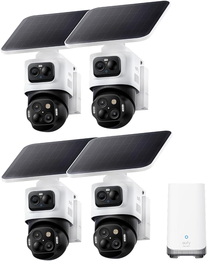 eufy Security eufyCam S4 4-Cam Kit, 4K Solar Wireless Outdoor Security System,3-Lens Bullet-PTZ cam, 360° Coverage,Cross-Cam Track, AI Facial Recognition, 8X Zoom,0 Monthly Fee,Expandable up to 16TB by Unknown