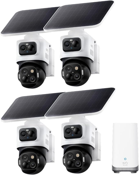 eufy Security eufyCam S4 4-Cam Kit, 4K Solar Wireless Outdoor Security System,3-Lens Bullet-PTZ cam, 360° Coverage,Cross-Cam Track, AI Facial Recognition, 8X Zoom,0 Monthly Fee,Expandable up to 16TB by Unknown