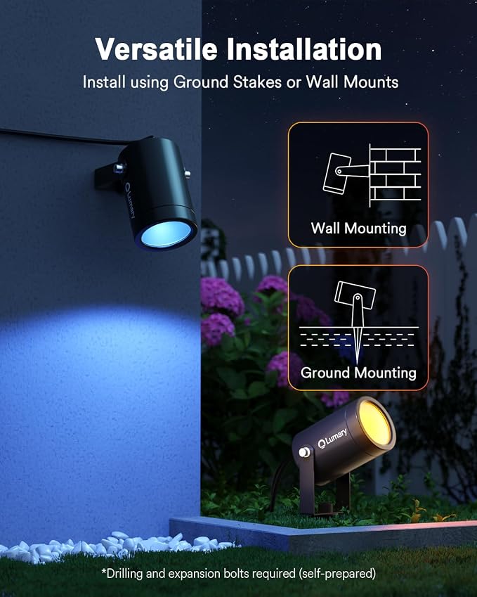 Lumary Smart Landscape Lights Pro 500LM, 6 Pack Color Changing Landscape Spotlights IP65 Waterproof, RGBAICW Low Voltage Outdoor Lights for Garden Yard and Pathway, APP/Remote/Voice Control, 65FT | RGBAICW Color Changing, IP65 Outdoor Rated, 2200K-6500... - Image 9
