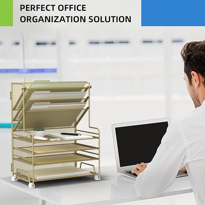 MINDEPOT 4-Tier Paper Organizer + 3-Pocket File Holder + Drawer + Pen Holders, Desktop File Organizers Paper Tray for Office Supplies School Classroom Organization (Gold, with Drawer & Pen Holder) - Image 5