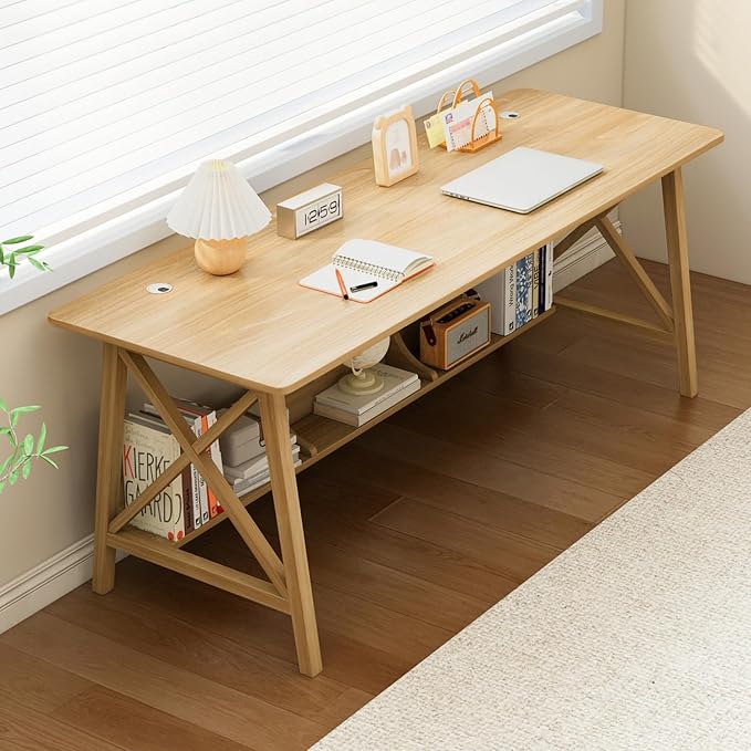 NELYE Extra Long Writing Desk with Bookshelf, 63" Wx24 Dx30 H, Oak | Wooden Home Office Work Study Table, Computer Gaming Workstation with Storage Shelf, Sturdy MDF Resists Wobble by NELYE