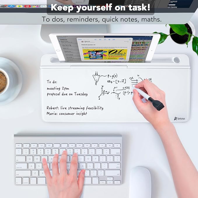 Varhomax Glass Desk Whiteboard with Built-in Mirror, Desktop Organizer Dry Erase White Board with Storage, to Do List Memo Notepad for Home Office and School Supplies - Image 3