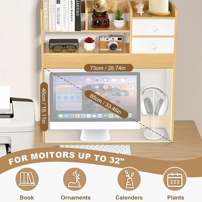 YGYQZ Wood Desk Shelf Organizer, Desk Hutch Top Only, Countertop Storage Hutch with 4 Shelves for Computer Desk，2-Tier with Cabinet Door Rack for Office, Home, Dorm，Natural - Image 4