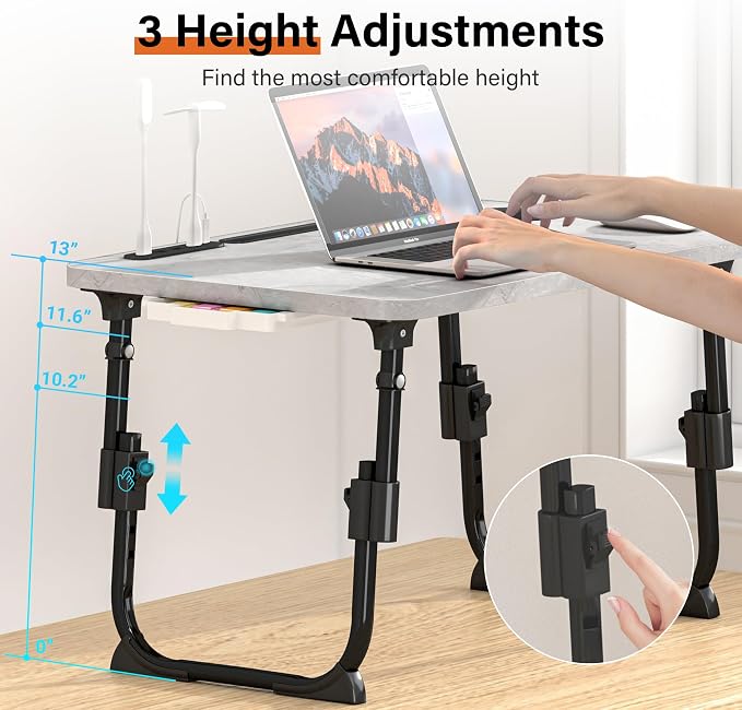 Lap Desk for Bed, Adjustable Laptop Desk with USB Charging Port, Storage Drawer & Bookshelf — Foldable Bed Desk for WFH & Students, 23.6" Desktop Fits 19" Laptop, Non-Slip, Light Stone Texture - Image 2