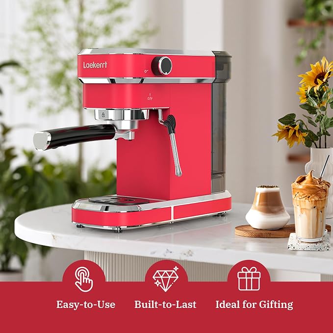 Espresso Machine 20 Bar, Professional Espresso Maker with Milk Frother Steam Wand, Compact Coffee Machine with Removable Water Tank for Cappuccino, Latte, Gift for Dad or Mom, Stainless Steel, Red - Image 3
