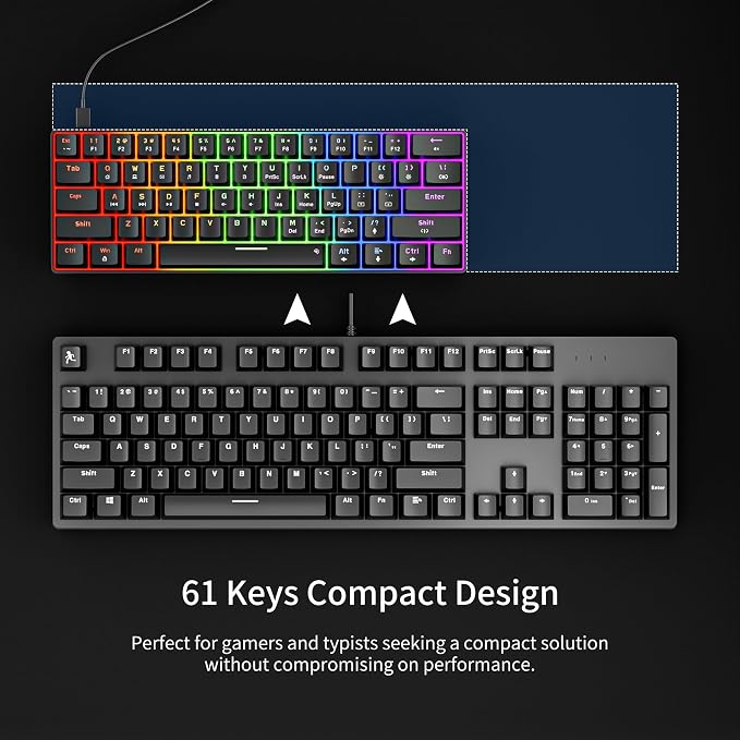 Newmen GM611 Mechanical Keyboard,LEDBacklit Wired Gaming Keyboard RedSwitch | Compact Portable,Mini 61 Keys,LED Backlit,60 Percent Mechanical Keyboard,Black Keycaps,Windows Laptop PC,Linear Red Switches - Image 3