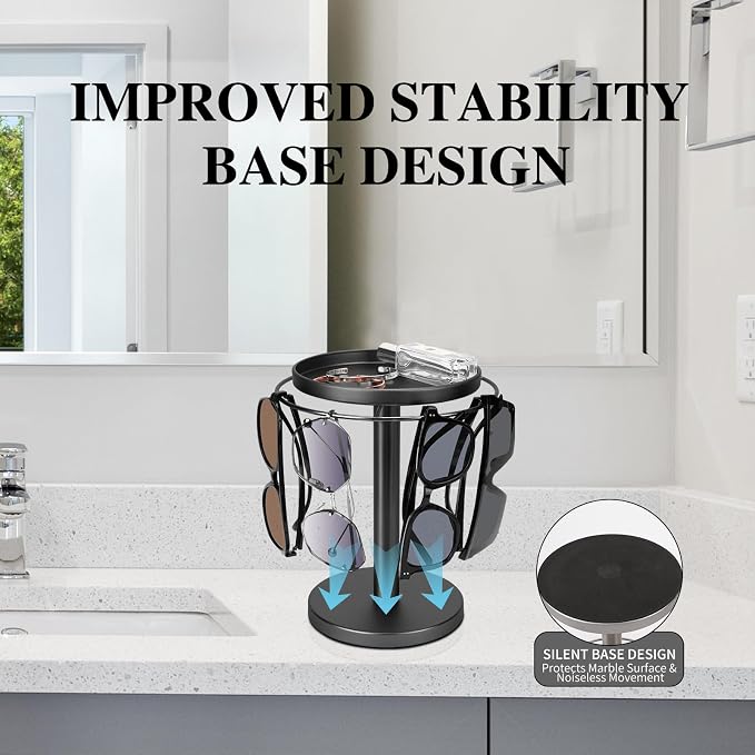 kondyfayo 360 Rotating Sunglass Organizer Glasses Holder (Titanium Black) | Stainless Steel Stand with 360 Rotation Holds 9 to 12 Pairs. Top Tray Stores Rings, and Keys for Desk, Dresser, Nightstand - Image 5