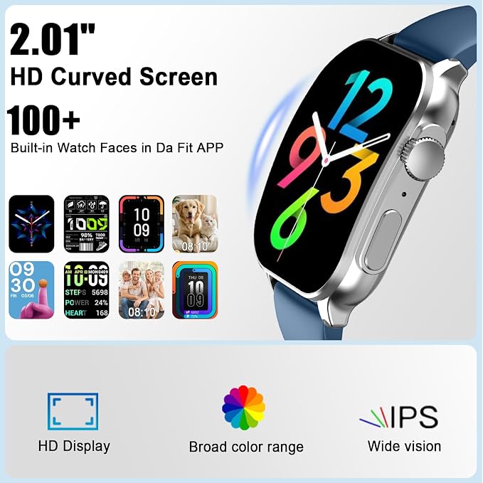Smart Watch for Men, 2.01" AMOLED Curved HD Screen Smart Watch, Fitness Tracker with 24/7 Heart Rate/Sleep Monitor, IP68 Waterproof Running Watch, Compatible with iOS & Android for Daily Workout Blue - Image 2