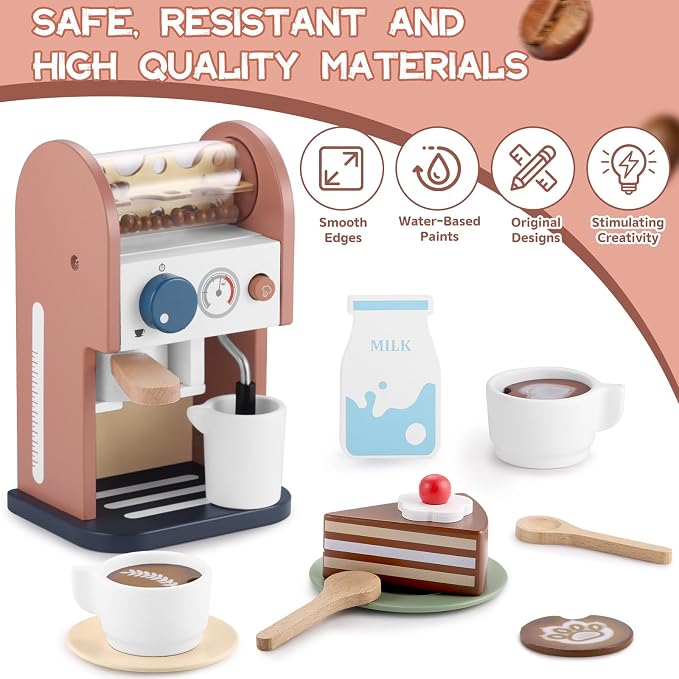 GAGAKU Wooden Coffee Maker Toy 14 pcs Play Kitchen Accessories Toy Coffee Maker for Kids Pretend Playset Toddler Coffee Maker Gifts for Boys and Girls - Image 3