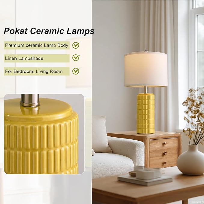 PoKat 23" Yellow Table Lamps Set of 2, Modern Living Room End Table Lamps Decor, Ceramic Lamps for Living Room, Contemporary Nightstand Lamps for Side Console Table Hallway Gift - Image 8