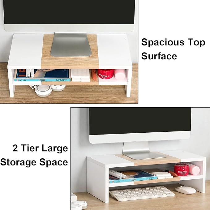 TEAMIX 2 Tiers Desktop Monitor Stand Riser 20 Inch Printer Stand with Storage Small TV Riser Laptop Wooden Desk Organizer Shelf Bookshelf Maple (White+Maple, 2 Tiers) | Laptop/PC/Printer/Keyboard Storage, Ergonomic Design, 15mm thick Sturdy Wood Boards... - Image 3