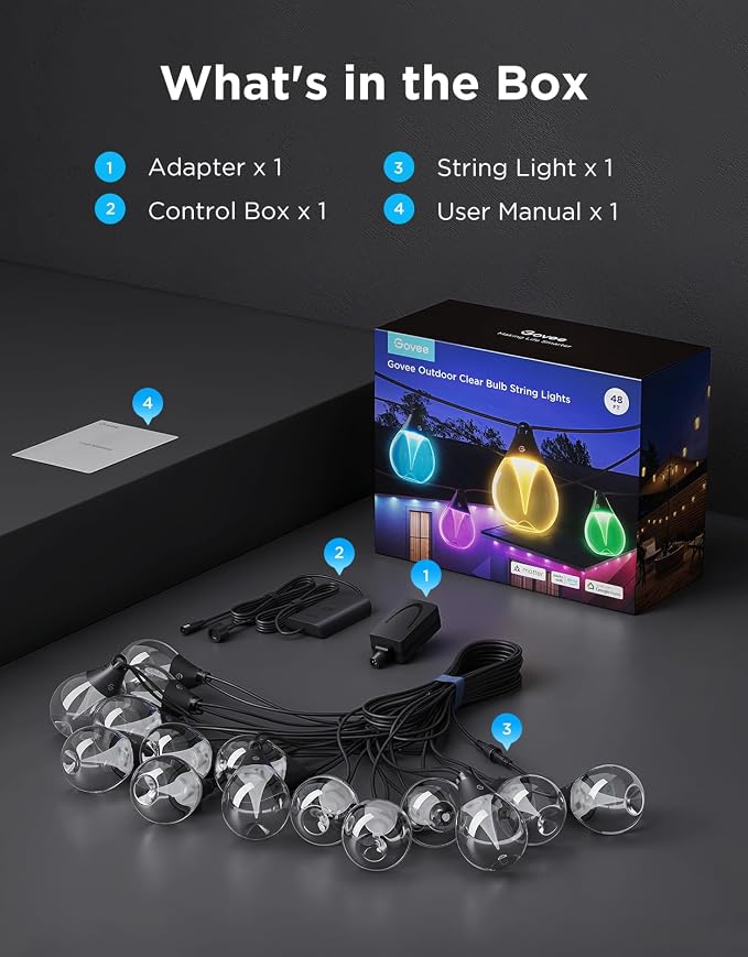 Govee Clear Bulb Outdoor String Lights, 48ft IP67 Patio & Backyard Lights | 15 RGBWIC Dimmable LED Bulbs, 111 Modes, Music Sync, IP67 Waterproof & Shatterproof, Work with Alexa, Google & Matter - Image 9