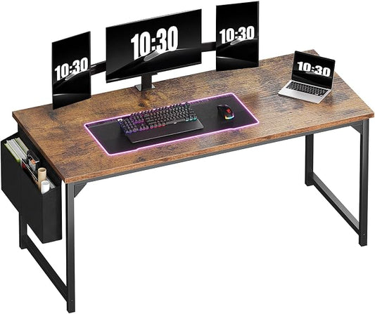 OLIXIS Computer Desk, 63 Inch Gaming Desks for Home Office Small Spaces | Writing Study Craft Work Table, Computer Workstation for Bedroom with Storage Bag, Rustic Brown by OLIXIS