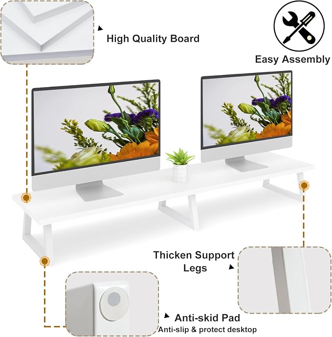 TEAMIX White Dual Monitor Riser for 2 Monitors-42inch, Wood Desktop Dual Stand with Metal Legs, Long Screen/PC/Laptop Storage,Computer Shelf TV Holder Home Office - Image 4