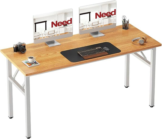 Need Office Computer Desk 54.3 Inch Sturdy Folding Laptop Table Teak | White Frame Writing Gaming Work Table/Foldable Home Office Desk/Sewing Table, No Assembly Required by Need