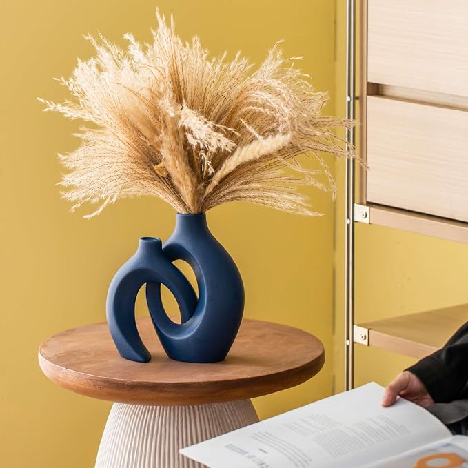 Lvases Snuggle Hollow Ceramic Flower Vase, Minimalist Decorative Vases of 2 | 8.4" Nordic Boho Home Decor Vase for Modern Aesthetic Ins Style Living Room Coffee Table Centerpieces Pampas Grass Decoration - Image 7