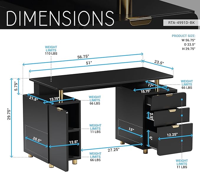 Techni Mobili 57"W Computer Desk w/ 3 Drawers & Storage Cabinet, Black/Gold | Home office workstation, durable construction, everyday productivity, Ideal for home office, Workspace organization - Image 3