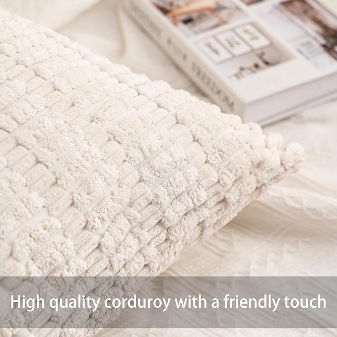 Aegero Pack of 2 Corduroy Decorative Throw Pillow Covers 20x20 InchSoft Boho Striped Pillow Covers Modern Farmhouse Home Decor for Sofa Living Room Couch Bed（Cream White） - Image 3