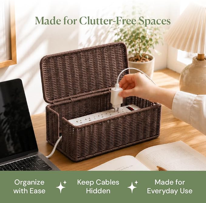 Cable Management Box, Handmade Rattan Cable Organizer with 2 Open Slots, Cord Hider for Power Strip, Router & USB Hub, Registered U.S. Design Patent (D1,112,102), 13" x 5.1" x 5.1", Brown - Image 9