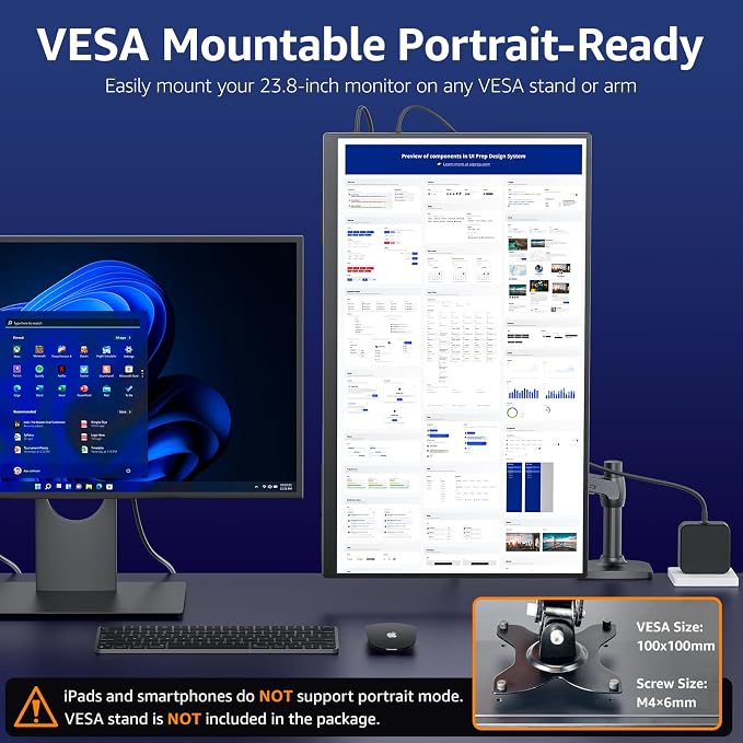 VisionOwl Portable Monitor for Laptop, IPS USB-C HDMI Travel Second Monitor for MacBook Pro Air, PC, PS5, Xbox, Portable Second Screen, Built-in Kickstand, Speakers, VESA Mountable, 23.8 Inch - Image 6