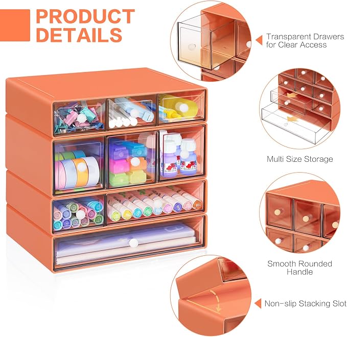 Desk Storage Organizer with 9 Drawers, 4 Tiers Stackable Desktop Craft Storage Drawers, Clear Storage Box Caddy for Stationary Makeup Jewelry Office Craft Supplies (Orange) - Image 3
