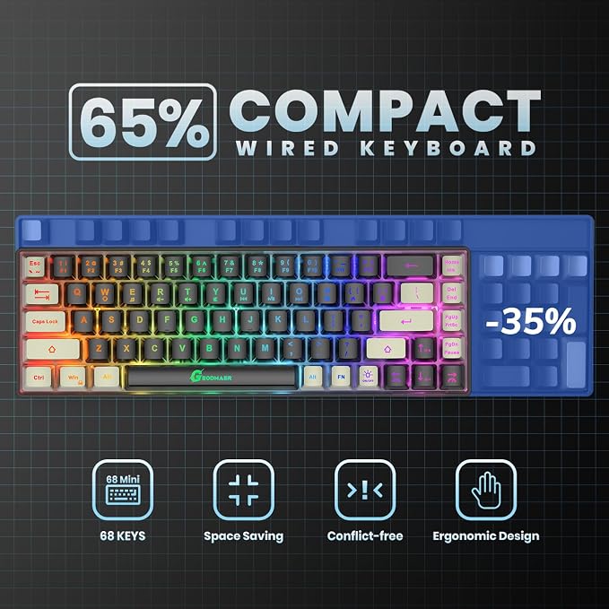 GEODMAER 65% Gaming Keyboard, LED Backlit Mini Wired Gaming Keyboard, Ultra-Compact Anti-Ghosting No-Conflict 68 Keys Gaming Wired Keyboard for PC Laptop Gamer - Image 4