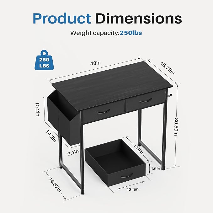 OLIXIS 32 Inch Small Desk, Gaming Computer Desk, Side Bag | Fabric Drawers, Headphone Hook, Home Office, Work Table, Writing Study, Bedroom, Black - Image 3