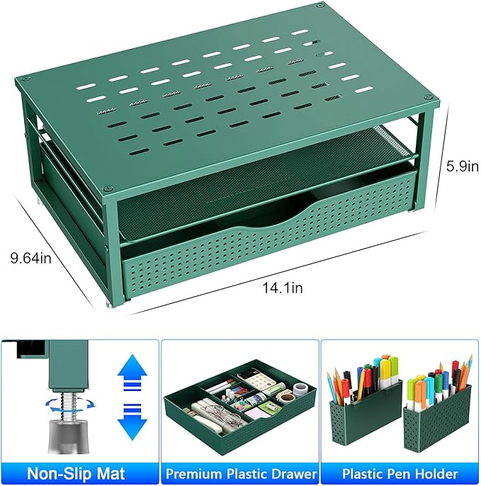 gianotter Desk Organizers and Accessories, Monitor Stand with Drawer and 2 Pen Holder, Desktop Organizer Suitable for Offices and Dormitories (Green) - Image 4