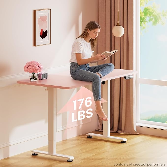 Veken Standing Desk, Pink, 55×23.6 Inch | Height Adjustable Sit Stand Up Computer Tables for Home Office, Study , Writing, Suit students, employees and group work - Image 5