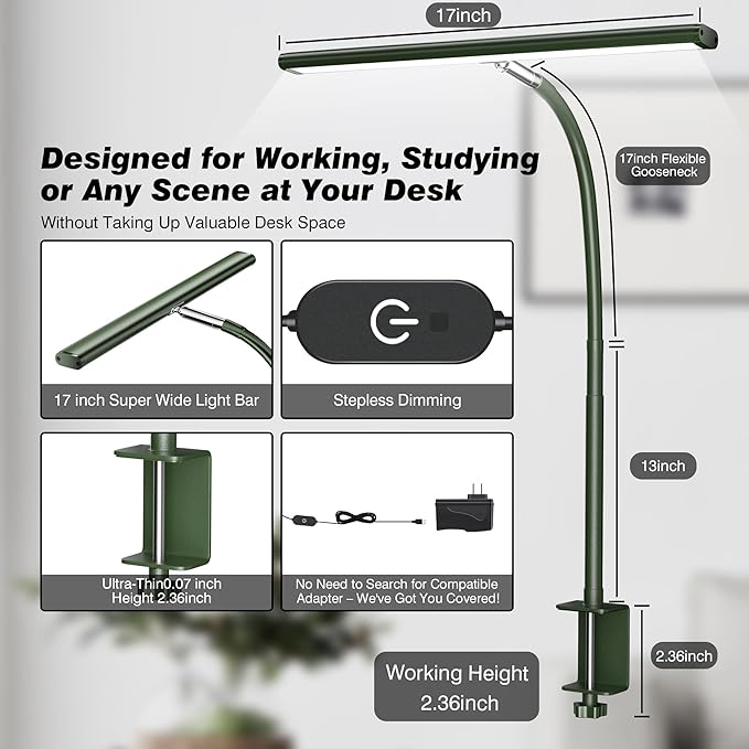 Airlonv LED Desk Lamp for Office Home, Eye-Caring Desk Light with Stepless Dimming Adjustable Flexible Gooseneck, 10W USB Adapter Desk Lamp with Clamp for Reading, Study, Workbench (Green) - Image 3