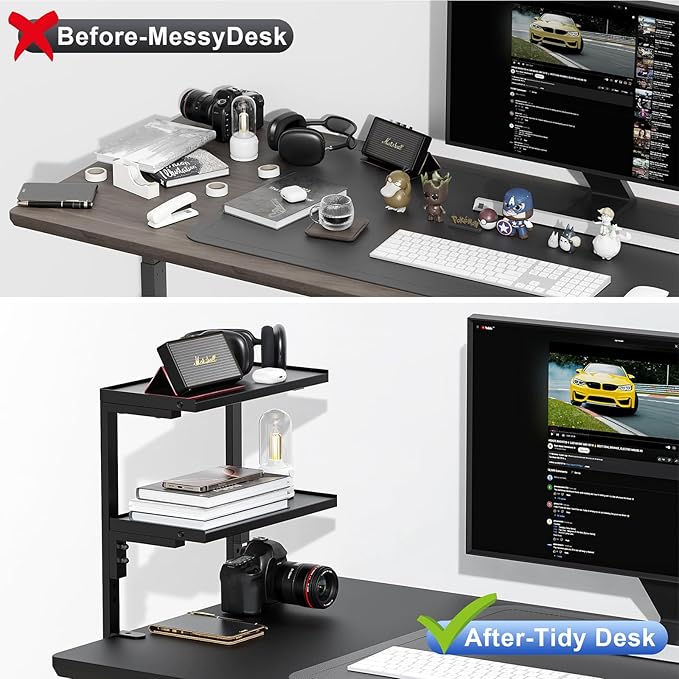 2-Tier Desk Shelf | Desk Organization Expandable Clamp on Desk Shelf Desktop Accessories for Offices and Game Rooms (Black) - Image 3