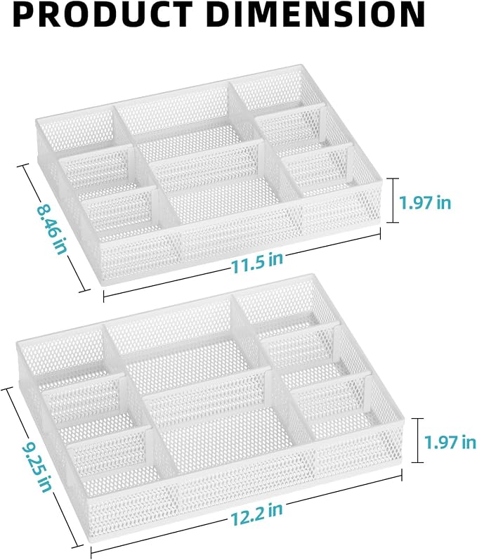 Marbrasse 2 Pack Desk Drawer Organizer, Mesh Drawer Organizer Tray with 8 Adjustable Compartments, Desk Organizers and Accessories, 5 Dividers for Office Supplies, Makeup & Vanity (White) - Image 5