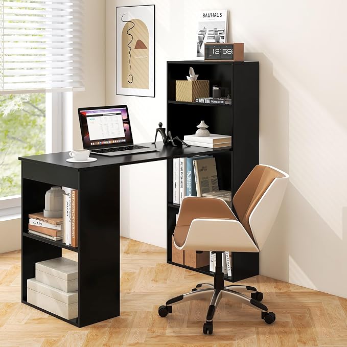 Tangkula Computer Desk with Bookshelf, Writing Study Desk with Storage Shelves & CPU Stand, Modern Compact Computer Workstation for Home & Office, Space-Saving Design (Black) | Bookcase Desk w/Bookshelf Storage Shelves & CPU Stand, Space-Saving Design ... - Image 4