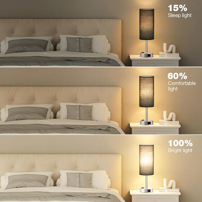 Black Bedroom Table Lamp for Bedside - 3 Way Dimmable Touch Lamp USB C A Charging Ports and AC Outlet, Small Desk Lamp for Nightstand for Living Room with Silver Base, Office Desk, LED Bulb Included - Image 5