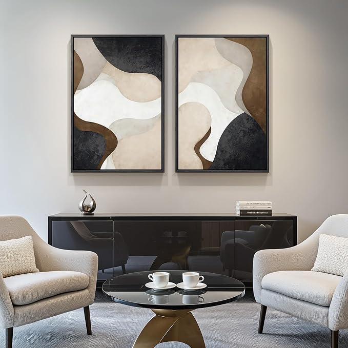 Large Framed Neutral Abstract Minimalist Wall Art Set of 2, Modern Canvas Prints Paintings Artwork for Walls, Black Beige Brown Abstract Art Pictures for Living Room Dining Bedroom Wall Decor 24x36 In - Image 4