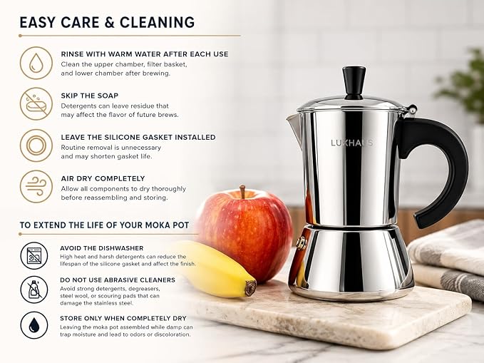 LuxHaus 3 Cup Moka Pot (2oz each cup - 6oz total) Stovetop Espresso Maker - Stainless Steel Italian and Cuban Mocha Coffee Maker - Image 7