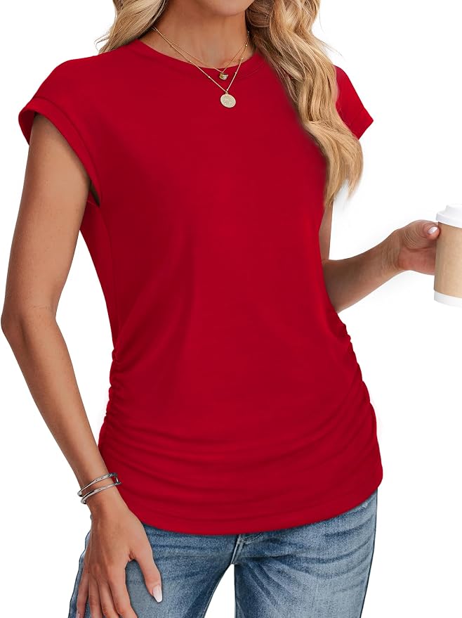 Sampeel Womens Summer Tops Trendy 2026 Ruched Cap Short Sleeve Tshirts Shirts Crew Neck T Shirts Fashion - Image 3