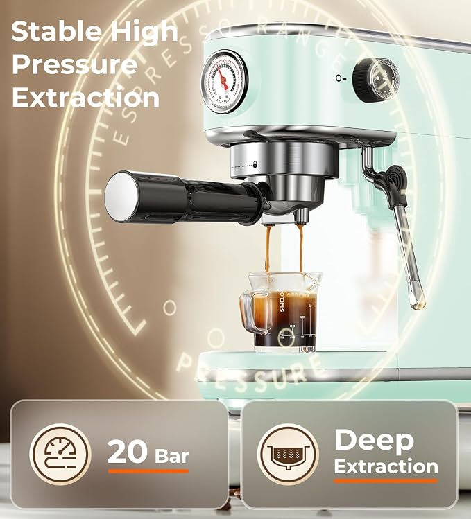 atatix 20 Bar Espresso Machine with Milk Frother, Compact Espresso Maker | Stainless Steel Coffee Machine with Precise Temp Control & 44oz Removable Water Tank for Latte, Cappuccino, Light Green - Image 4